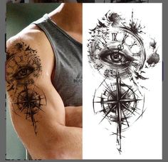 a man's arm with an eye and compass tattoo on it