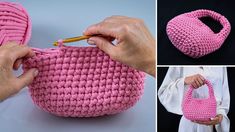 the crocheted purse is being worked on by two hands, and then finished