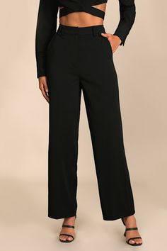 From work to happy hour, get down to business with the Lulus So Get This Black High-Waisted Wide-Leg Trouser Pants! Lightweight stretch-woven fabric shapes these pants with a high-rise waist, belt loops, and a hidden top clasp with a hidden zip fly. Two diagonal pockets accent wide pant legs that end at ankle-grazing hems. Pair with the matching top for a complete look! Fit: This garment fits true to size. Length: Ankle length. Size medium Inseam: 30.00 Front Rise: 13.25 Waist: Fitted - very fit Black Pants Work, Dress Pants Outfit, Dress Pants Outfits, Black Slacks, Formal Pants, Women Formals, Black Trousers, Wide Pants, Matching Top