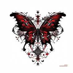 a red butterfly with black and white designs on it