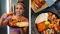 a woman holding a plate full of food