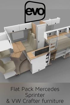 the floor plan for a mobile home with furniture and kitchen area in white, beige and black