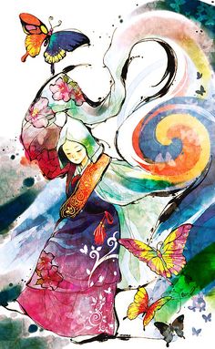 a woman in a colorful dress with butterflies flying around her