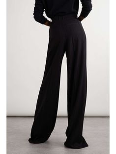 SAINT LAURENT Pleated pinstriped wool-blend wide-leg pants | NET-A-PORTER Loungewear Shorts, Wide Legs, Black Wool, Jeans Dress, Net A Porter, Women Collection, Denim Dress, Leg Pants, Black Pants