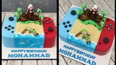 two pictures of a birthday cake with a video game controller on it