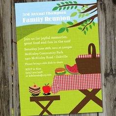 this is an image of a family reunion card with picnic table and food on it