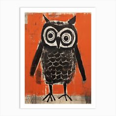 an orange and black owl with big eyes on it's face is featured in this art print