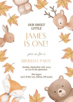 an animal themed birthday party with bears and leaves on the background is featured in this watercolor