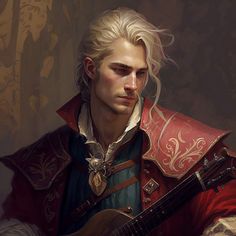 a painting of a man with long blonde hair wearing a red coat and holding a guitar