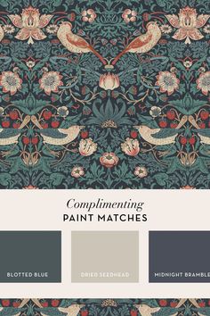 the cover of complimenting paint matches, which is blue and green with red flowers