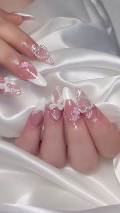 #coquette #nails #acrylic #nailart #prettyinpink #pinknails #springnails #frenchtipnails #charms #cutecore #cutecore🎀🦴🍮🐾 #coquettestyle Cute Nail Inspo Coquette, Nail Extension Designs Coquette, Almond Nails Gel X Designs, Croquette Nails Almond, Nail Ideas Acrylic Charms, Cute Nails Coquette, Charms Nails Acrylic, Pretty Pink Nail Designs, Acrylic Nail Designs Charms