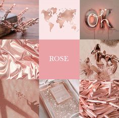 a collage of pink and silver items with the word rose written in white letters