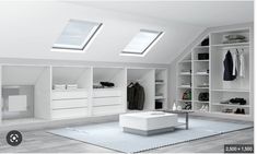 an attic bedroom with skylights and white closets filled with clothes, shoes and other items