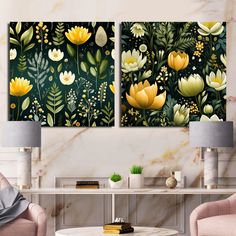 two floral paintings on the wall in a living room