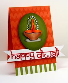 a happy diwali card with an orange and green background