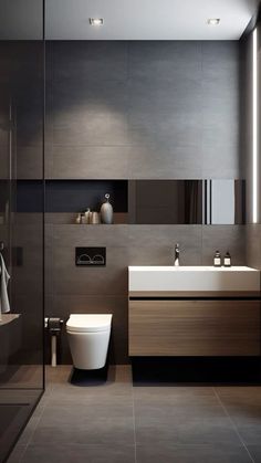 Small Modern Toilet Ideas, Modern Bathroom Dark Floor, Modern Grey Bathroom Design, Grey Toilet Design, Small Grey Bathroom Ideas, Bathroom Interior Design Modern Grey, Modern Bathroom Design Grey, Dark Grey Bathroom, Gray Bathrooms