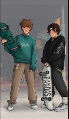 two young men standing next to each other holding skateboards