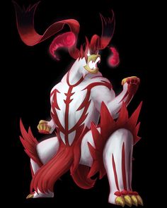 a red and white creature with horns on it's head, sitting in front of a black background