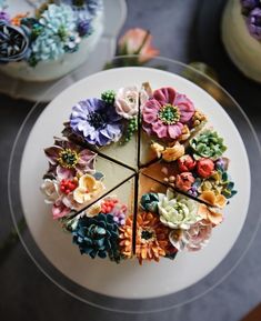 there is a cake decorated with flowers on the plate