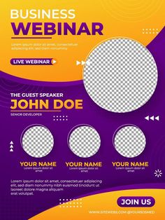 a purple and yellow flyer for a webinar with three circles on the front