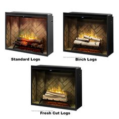 three different types of fireplace logs