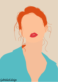 a woman's face with red hair and blue shirt on, in front of a beige background