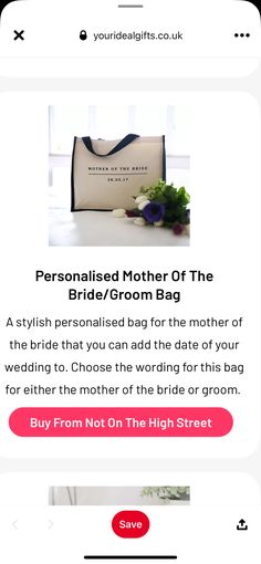 the mother of the bride / groom bag is displayed on an iphone screen with text that reads, personalized mother of the bride / groom bag