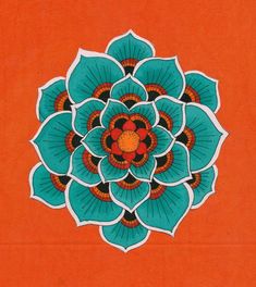 an orange background with a blue and red flower on the bottom right hand corner, surrounded by smaller green flowers