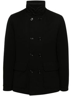 black mock neck long sleeves buttoned cuffs two front flap pockets double-breasted button fastening detachable panels internal zip-fastening pocket full lining straight hem Black Mock Neck, Balenciaga Triple S, City Shorts, Double Breasted Coat, Dress Watch, Coat Black, Short Suit, Summer Beach Wear, Mens Outerwear