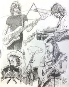 a pencil drawing of some people playing guitars