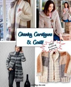 there is a woman wearing a cardigan and sweater in the knitting pattern book chunky, garters & coats