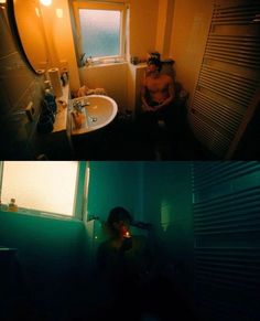 two pictures of a person sitting in a bathroom with the light on and one is brushing his teeth