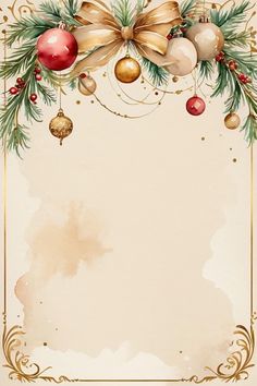 a christmas card with baubles, holly and bells on the corner in gold