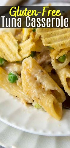 a close up of a plate of food with text overlay that reads gluten - free tuna casserole