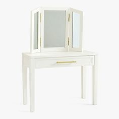 Give your little one a get-ready station of their own with this Chelsea Play Vanity. Complete with a mirror, drawer and shelves, this is a must-have for your budding beauty guru. HOW IT IS CONSTRUCTED Expertly crafted from solid poplar wood, MDF and engineered wood. Drawer pull is made of metal. Drawers feature English dovetail joinery and waxed wooden glides, which ensure smooth motion. Sturdy half-moon safety stops keep drawers securely in place. Finished in child-safe, water-based paint which Vanity Pottery Barn, Potter Barn, Ballet Decor, High Desk, Toy Kitchen Set, Space Saving Beds, Study Furniture, Kids Vanity, Cool Gifts For Kids