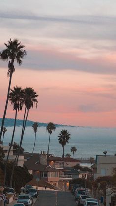 a street with cars parked on both sides and palm trees in the background at sunset