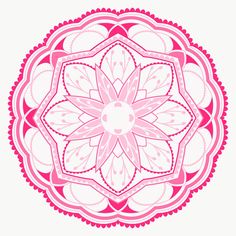 a pink and white circular design with leaves on it's center, in the shape of a flower