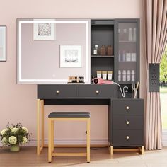 a desk with a mirror, stool and shelf in front of a pink painted wall