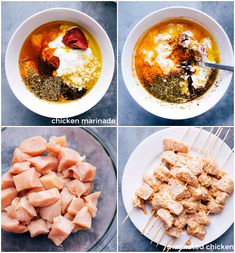 four pictures showing different stages of making chicken marinade and how to make it in a bowl