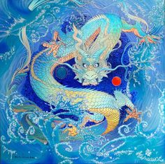 a painting of a dragon on blue water