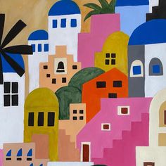 an abstract painting of colorful buildings with a windmill in the middle and palm trees on top