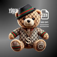 a brown teddy bear wearing a gucci suit and hat with a dollar sign on it's chest