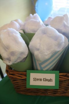 a basket filled with marshmallows on top of a table