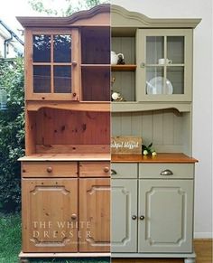 two pictures side by side one has a hutch and the other has an old china cabinet