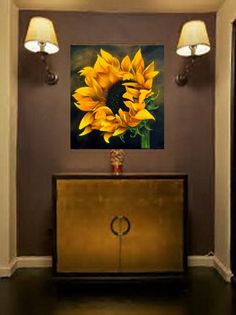 a painting of a yellow sunflower on a brown wall in a hallway with two lamps