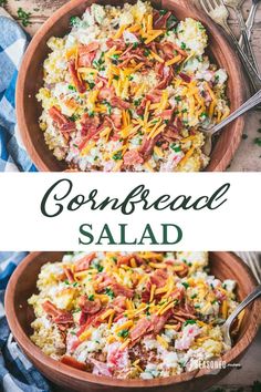 cornbread salad with bacon and cheese in a wooden bowl