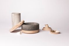 an assortment of wooden objects on a white background