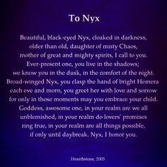 the poem to nyx is written in purple and black ink on a dark blue background