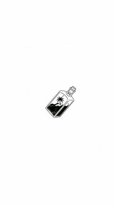 a black and white drawing of a bottle with a palm tree on it's top