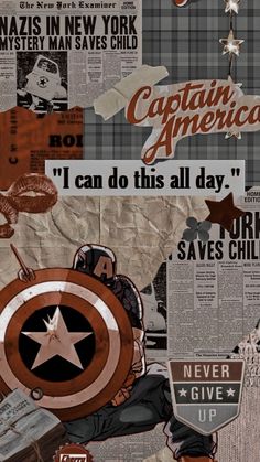 captain america collage with newspaper clippings and photoshopped into the background